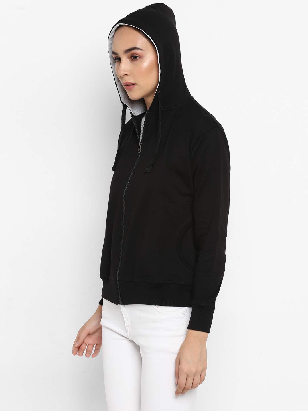 Alan Jones Clothing Women's Solid Zipper Hooded Sweatshirt | Front Zip, Ribbed Hem, Lined Hood, Casual Winter Wear (Black_M) - genzlyf