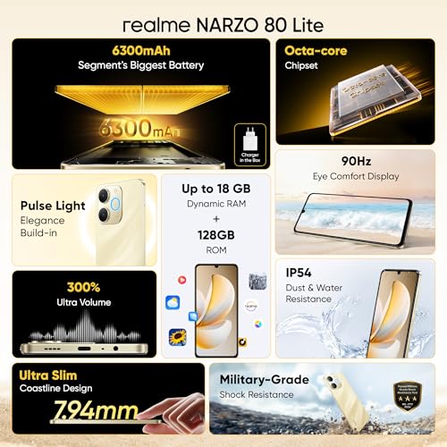 realme NARZO 80 Lite 4G (Beach Gold, 4GB+64GB) | 6300mAh Segment's Biggest Battery | 7.94mm Slim Design | 300% Ultra Volume | Pulse Light: 9 Colors, 5 Glow Modes | Ai Assist