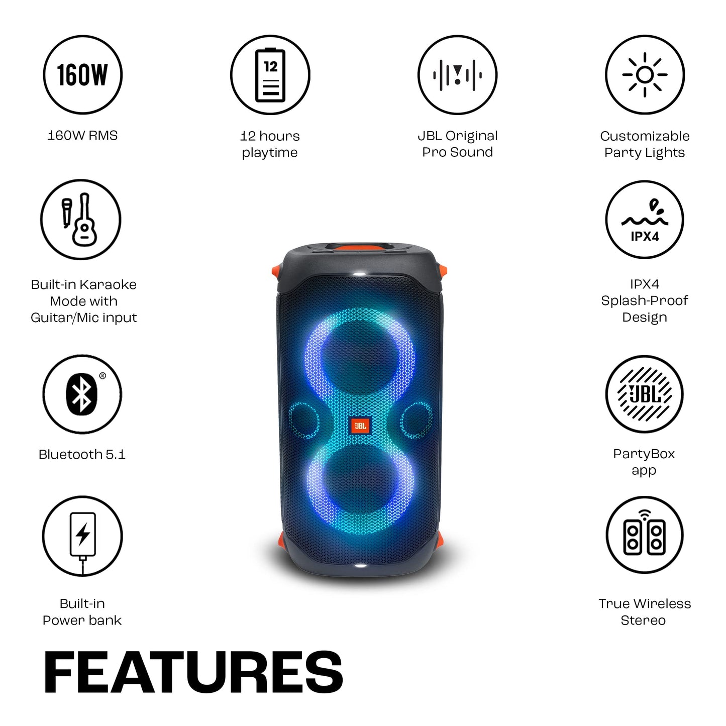 JBL Partybox 110, Wireless Bluetooth Party Speaker, 160W Monstrous Pro Sound, Dynamic Light Show, Upto 12Hrs Playtime, Built-in Powerbank, Guitar & Mic Input, PartyBox App, Splashproof (Black)