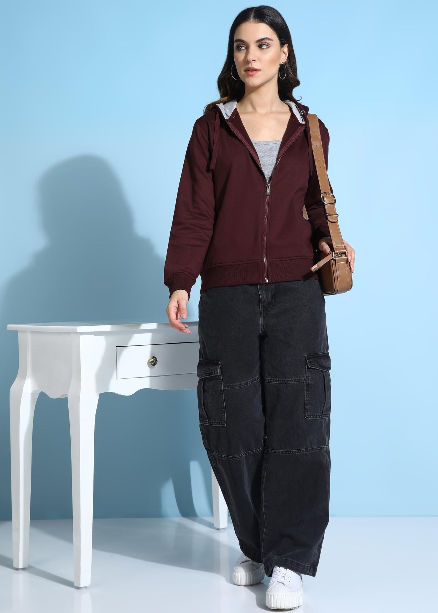 Alan Jones Clothing Women's Solid Zipper Hooded Sweatshirt | Front Zip, Ribbed Hem, Lined Hood, Casual Winter Wear (Wine_M) - GenZlyf