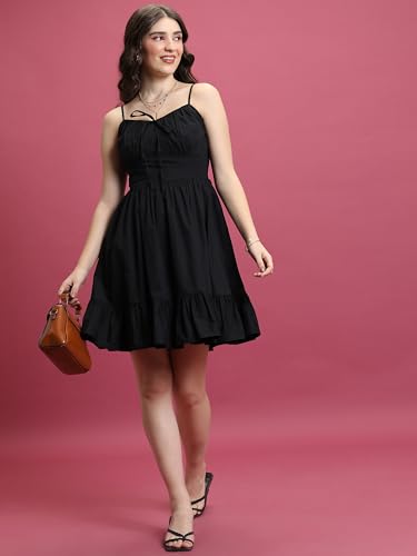 Tokyo Talkies Women's Cotton Calf Length Dress (TTJ6009516_Black - GenZlyf