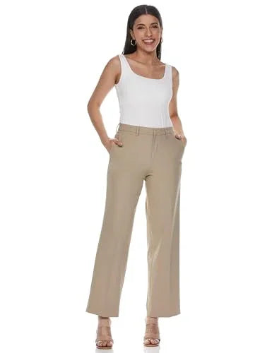 Symbol Premium Women's Relaxed Mid Rise Business Casual Pants (SBP-SS24-WTR-710_Beige_32) - GenZlyf