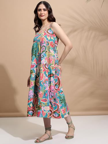 Tokyo Talkies Women's Cotton Calf Length Dress (TTJ6011830_Teal Multi - GenZlyf