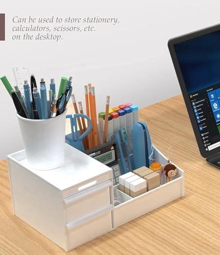 Shuttle Art Office Desk Organizer with Drawer, All in One Office Supplies and Cool Desk Accessories Pen Holder, Enhance Your Decor, Desktop 8-Compartment Laddered Desk Organizer(White) - GenZlyf