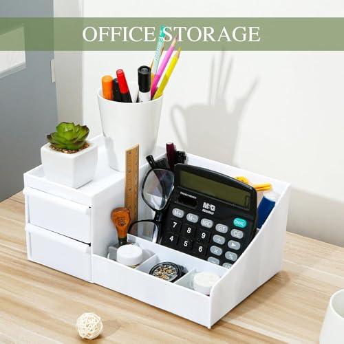 Shuttle Art Office Desk Organizer with Drawer, All in One Office Supplies and Cool Desk Accessories Pen Holder, Enhance Your Decor, Desktop 8-Compartment Laddered Desk Organizer(White) - GenZlyf