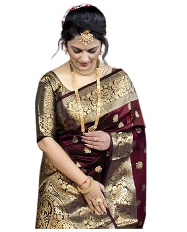 C J Enterprise Women's Pure Soft Kanjivaram Silk Saree For Wedding Banarasi Style Sari Silk Sarees With Blouse Piece (Vruksh-50) (Maroon) - GenZlyf