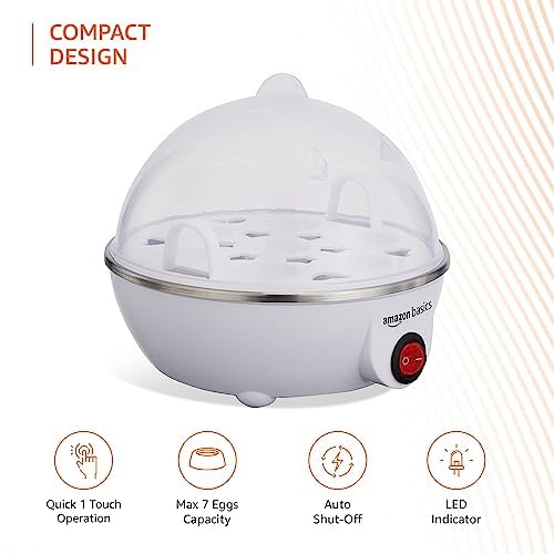 amazon basics Electric Egg Boiler | 350 Watt | Boils Upto 7 Eggs | Automatic Operation, 3 Boiling Modes | Overheat Protection | Stainless Steel Heating Plate, Measuring Cup | 75ml | Plastic | White