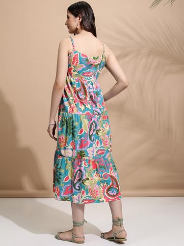 Tokyo Talkies Women's Cotton Calf Length Dress (TTJ6011830_Teal Multi - GenZlyf