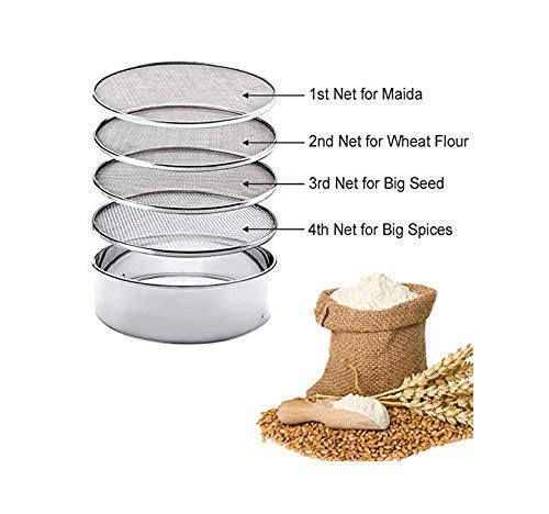 TIARA - Krishna 4 in 1 Stainless Steel Interchangeable Sieve Set of 5, Flour Chalni, Spices, Food Strainers, Atta Chalni, Jaali Channi Atta Maida Strainer, 22L x 22W x 6H centimeters, Silver - GenZlyf