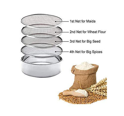 TIARA - Krishna 4 in 1 Stainless Steel Interchangeable Sieve Set of 5, Flour Chalni, Spices, Food Strainers, Atta Chalni, Jaali Channi Atta Maida Strainer, 22L x 22W x 6H centimeters, Silver - GenZlyf