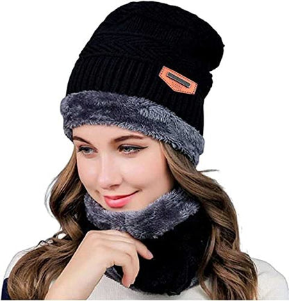 Evanden Knitted Beanie Hat and Scarf Set, Warm and Soft, Black Winter Wear Cap Free Size