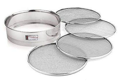 TIARA - Krishna 4 in 1 Stainless Steel Interchangeable Sieve Set of 5, Flour Chalni, Spices, Food Strainers, Atta Chalni, Jaali Channi Atta Maida Strainer, 22L x 22W x 6H centimeters, Silver - GenZlyf