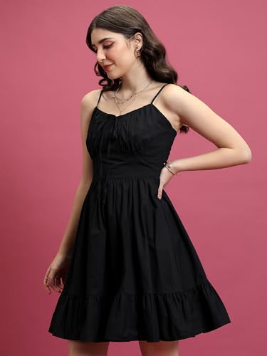 Tokyo Talkies Women's Cotton Calf Length Dress (TTJ6009516_Black - GenZlyf