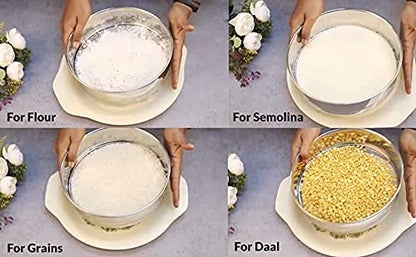 TIARA - Krishna 4 in 1 Stainless Steel Interchangeable Sieve Set of 5, Flour Chalni, Spices, Food Strainers, Atta Chalni, Jaali Channi Atta Maida Strainer, 22L x 22W x 6H centimeters, Silver - GenZlyf