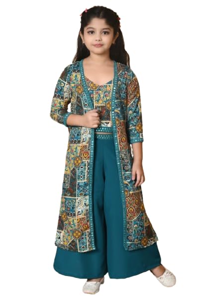 SPAMitude - Girls Self Designed Premium Cotton Blend Top Pant Jacket | 3pcs Party Dress for Girls I V Neck Stylish Sleeve Design Dress for Birthday Girl (Green, 11-12 Years) - GenZlyf