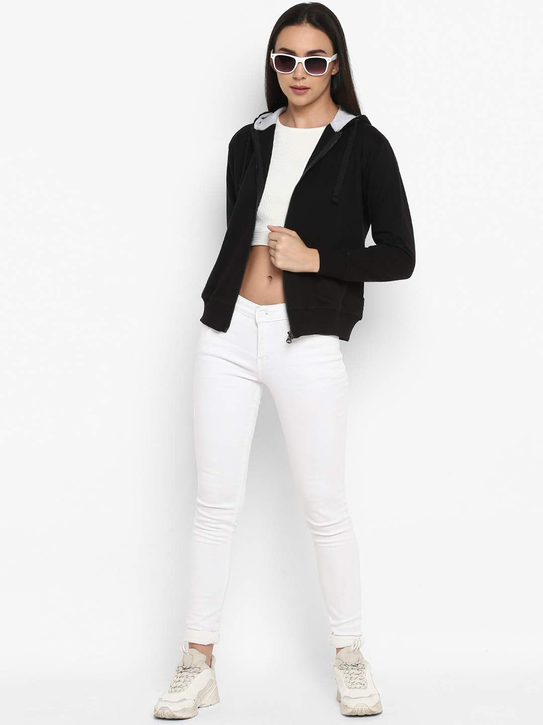 Alan Jones Clothing Women's Solid Zipper Hooded Sweatshirt | Front Zip, Ribbed Hem, Lined Hood, Casual Winter Wear (Black_M) - genzlyf