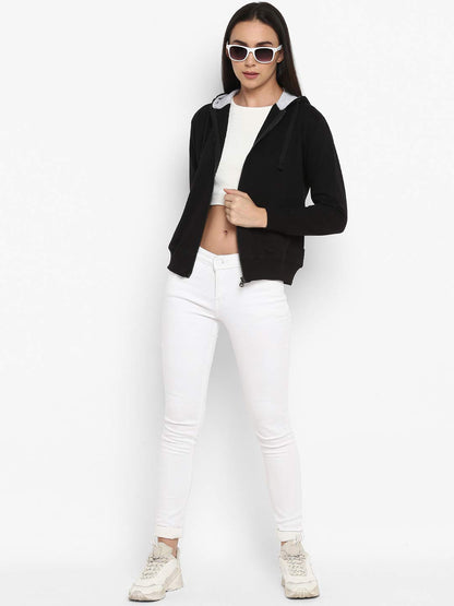 Alan Jones Clothing Women's Solid Zipper Hooded Sweatshirt | Front Zip, Ribbed Hem, Lined Hood, Casual Winter Wear (Black_M) - genzlyf