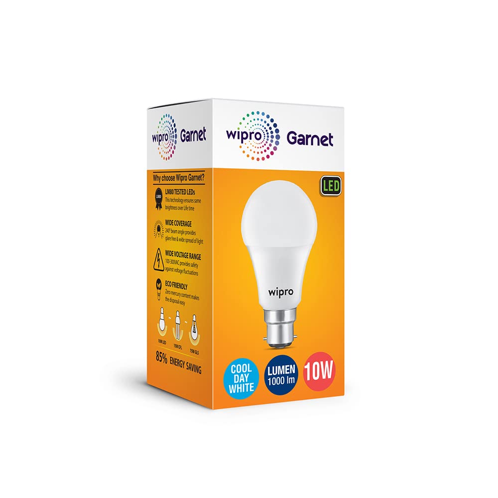 wipro Garnet 10W LED Bulb for Home & Office |Cool Day White (6500K) | B22 Base|220 degree Light coverage |4Kv Surge Protection |400V High Voltage Protection |Energy Efficient | Pack of 1