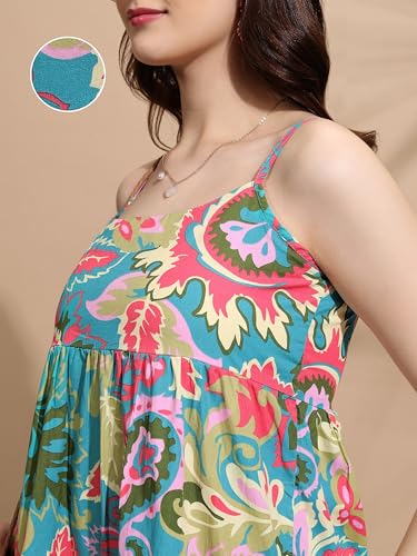 Tokyo Talkies Women's Cotton Calf Length Dress (TTJ6011830_Teal Multi - GenZlyf