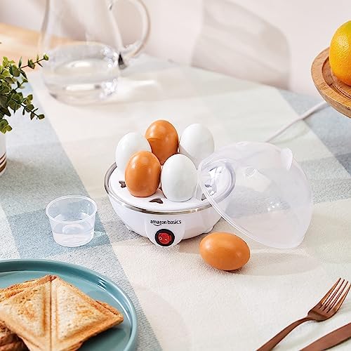 amazon basics Electric Egg Boiler | 350 Watt | Boils Upto 7 Eggs | Automatic Operation, 3 Boiling Modes | Overheat Protection | Stainless Steel Heating Plate, Measuring Cup | 75ml | Plastic | White