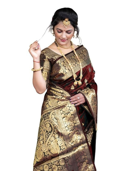 C J Enterprise Women's Pure Soft Kanjivaram Silk Saree For Wedding Banarasi Style Sari Silk Sarees With Blouse Piece (Vruksh-50) (Maroon) - GenZlyf