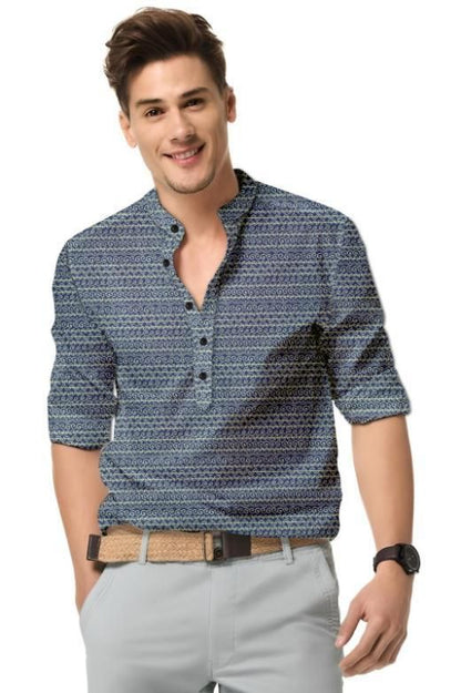 Men's Printed Spread Collar Casual Shirt Navy Blue - Genzlyf