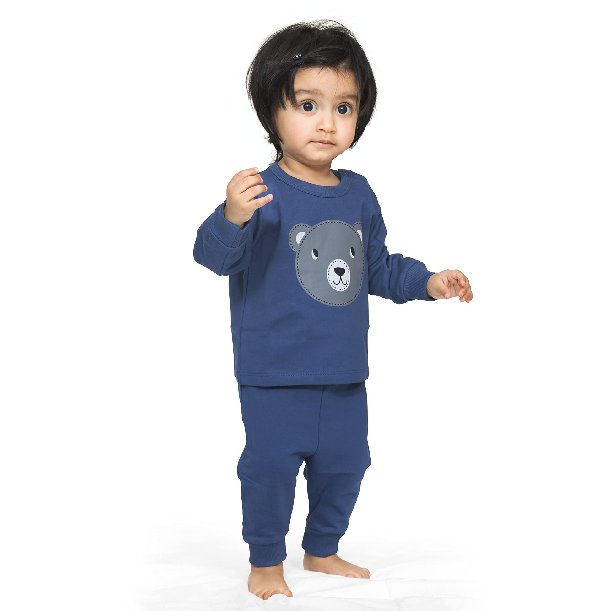 Real Basics Cotton Fleece Clothing Sets For Boys & Girls - Unisex Winter Relaxed Clothing Sets Full Sleeve Pyjama Set -Size(12-18 Months) -Style(Navy Teddy) - GenZlyf