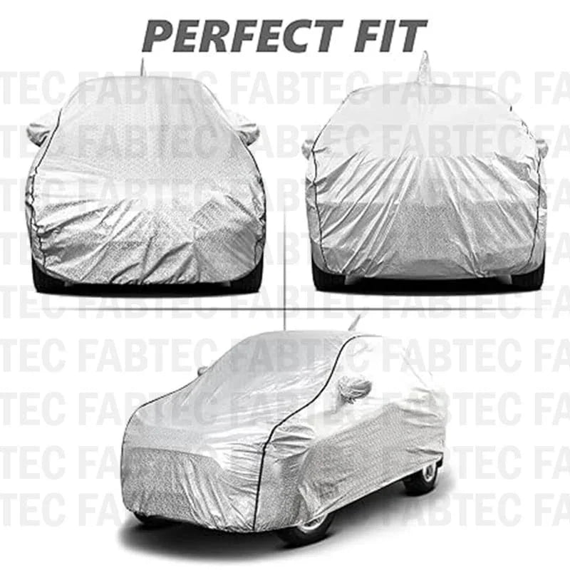 FABTEC Waterproof Car Body Cover for Maruti Baleno with Mirror and Antenna Pocket, Soft Cotton Lining, Triple Stitched (Heat Resistant Metallic Silver with Black Piping) - GenZlyf