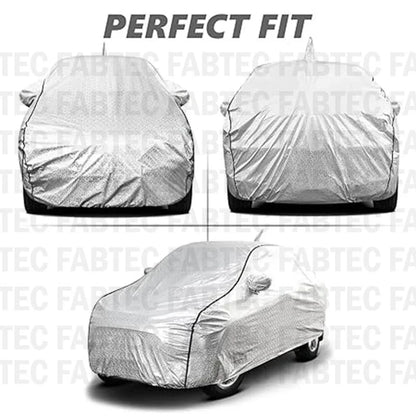 FABTEC Waterproof Car Body Cover for Maruti Baleno with Mirror and Antenna Pocket, Soft Cotton Lining, Triple Stitched (Heat Resistant Metallic Silver with Black Piping) - GenZlyf
