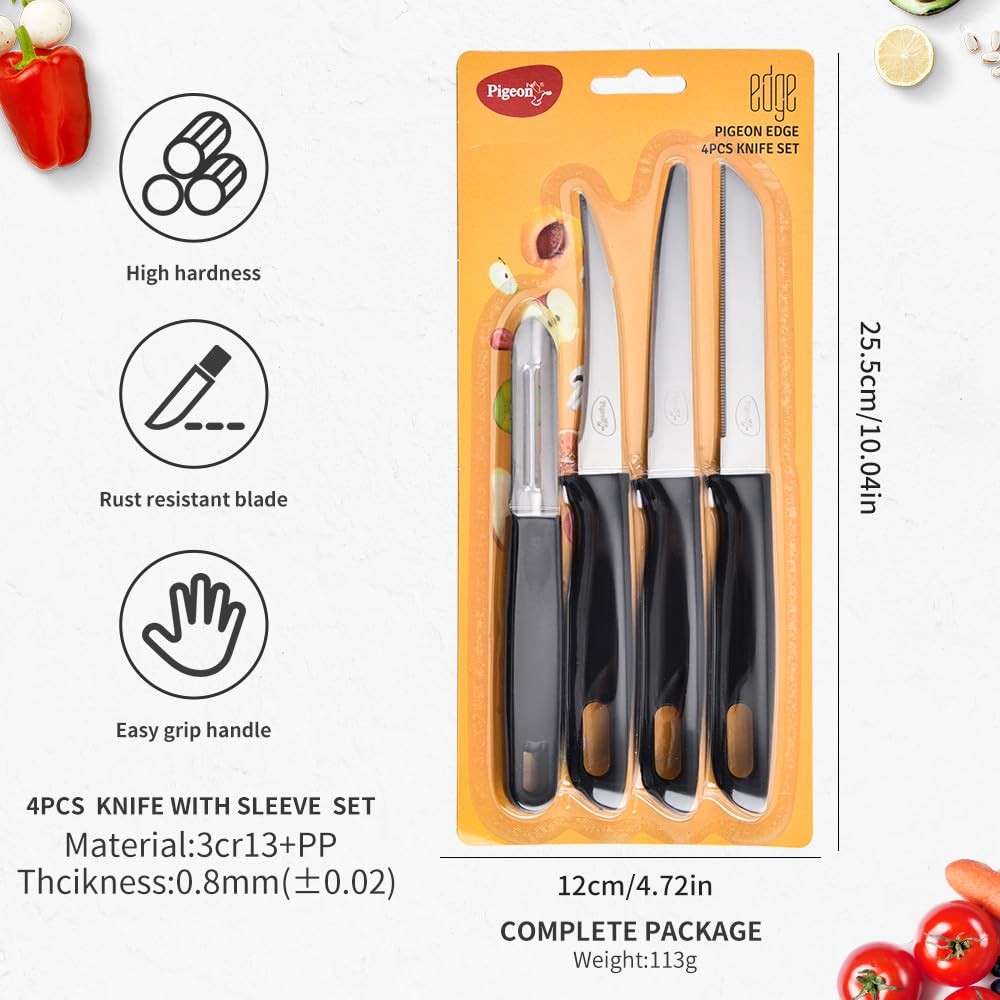 Pigeon by Stovekraft Edge High Grade Stainless Steel 4 Pcs Kitchen Knife Set | Black - GenZlyf