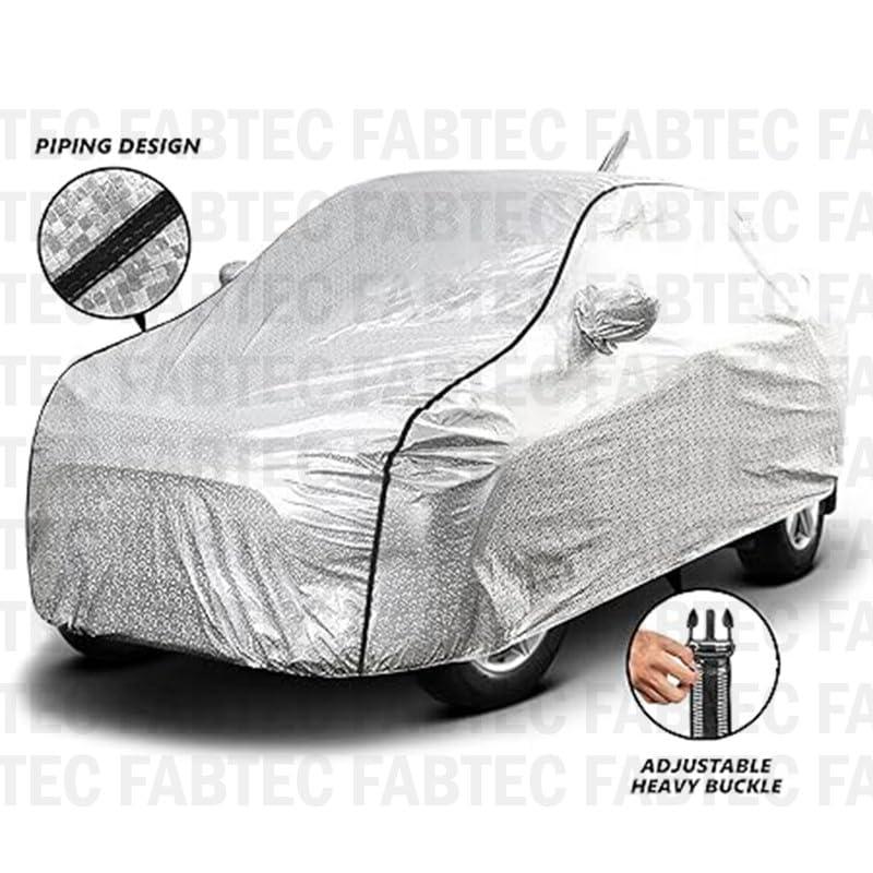 FABTEC Waterproof Car Body Cover for Maruti Baleno with Mirror and Antenna Pocket, Soft Cotton Lining, Triple Stitched (Heat Resistant Metallic Silver with Black Piping) - GenZlyf