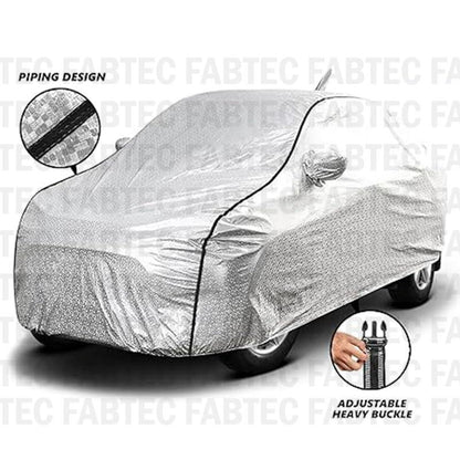 FABTEC Waterproof Car Body Cover for Maruti Baleno with Mirror and Antenna Pocket, Soft Cotton Lining, Triple Stitched (Heat Resistant Metallic Silver with Black Piping) - GenZlyf