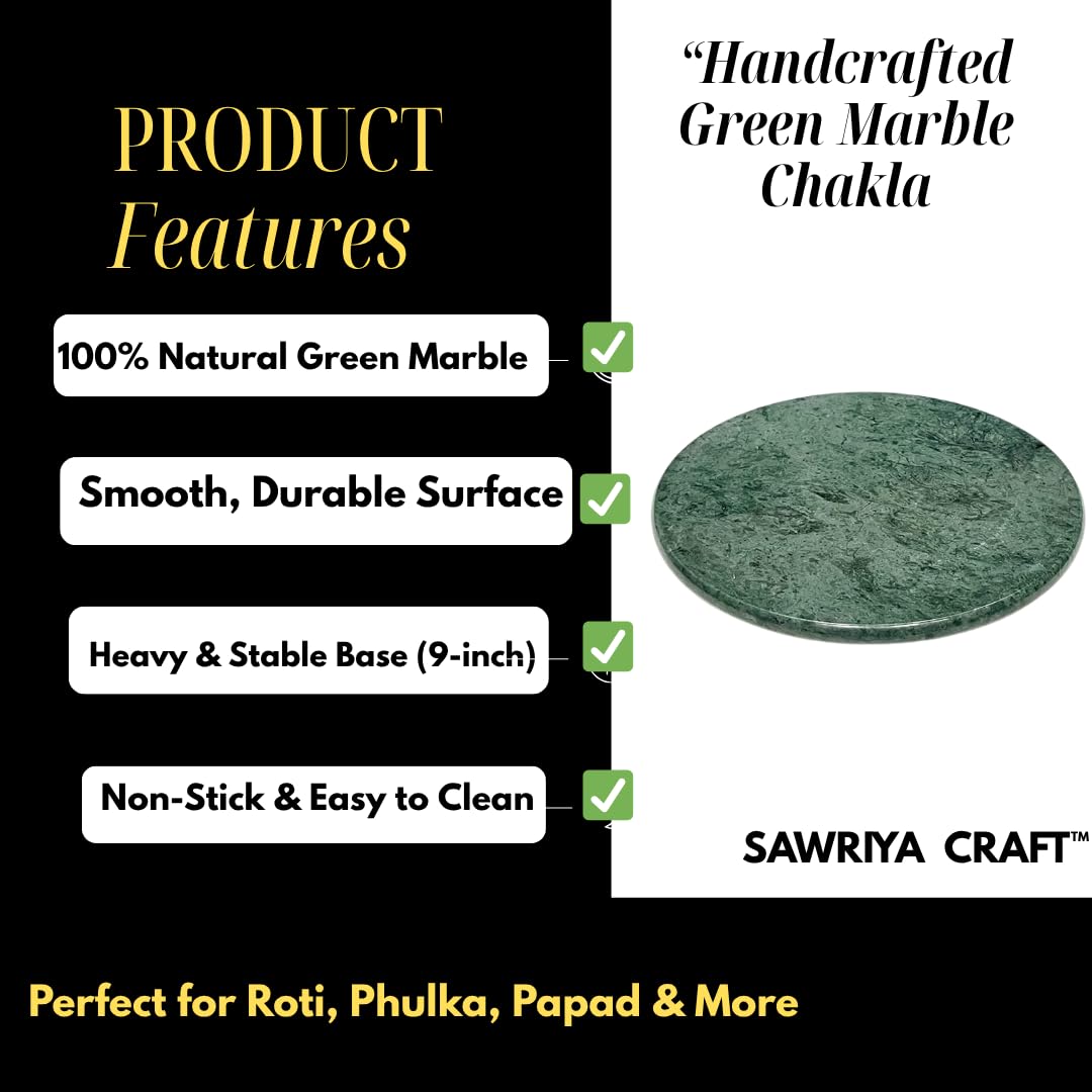 Luxe Craft 9 Inch Marble Chakla Green Stone | Handcrafted Roti Maker Board for Chapati, Puri, Dough Rolling | Heavy Weight Non-Slip Chakla for Indian Kitchen Cooking