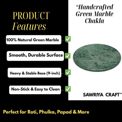 Luxe Craft 9 Inch Marble Chakla Green Stone | Handcrafted Roti Maker Board for Chapati, Puri, Dough Rolling | Heavy Weight Non-Slip Chakla for Indian Kitchen Cooking