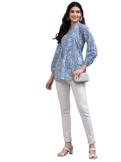 rytras Women's Floral Printed Rayon Top(Blue,Medium) - GenZlyf