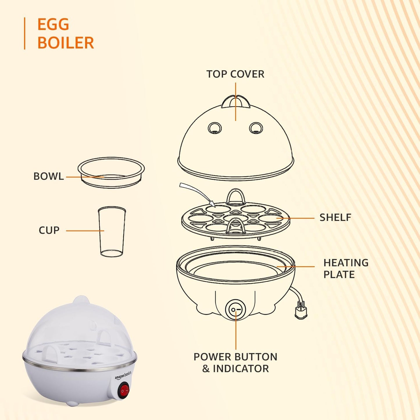 amazon basics Electric Egg Boiler | 350 Watt | Boils Upto 7 Eggs | Automatic Operation, 3 Boiling Modes | Overheat Protection | Stainless Steel Heating Plate, Measuring Cup | 75ml | Plastic | White