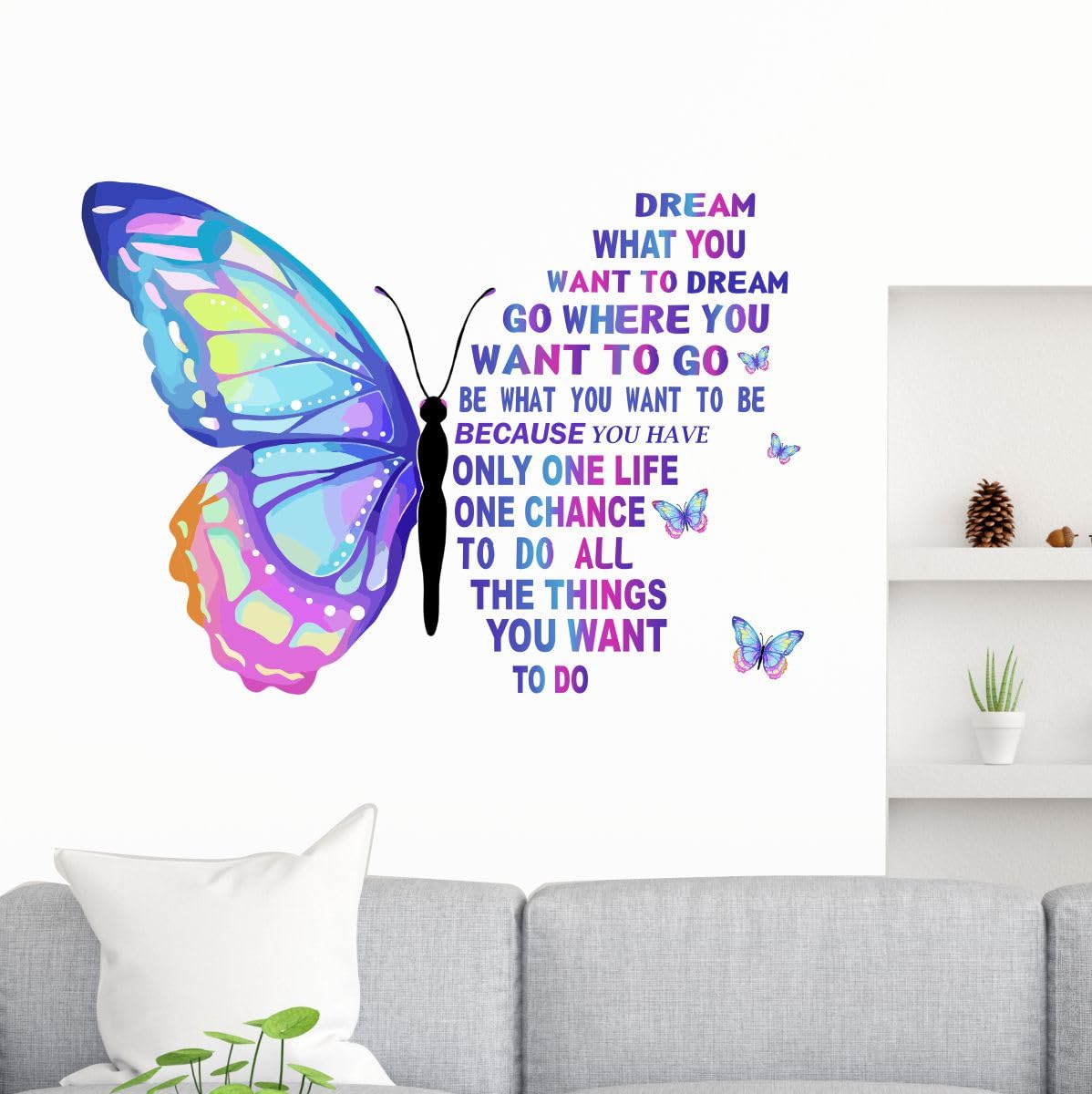 Decal O Decal Vinyl Blue Butterfly With Motivational Quotes ' Wall Stickers (Pack Of 1, Positive Quotesself-Adhesive, Wall, 900 Mm)