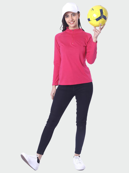 London Hills Cotton Blend Solid Women Regular Fit T-Shirt Full Sleeve Zipper Tshirt For Women (Magenta), Large