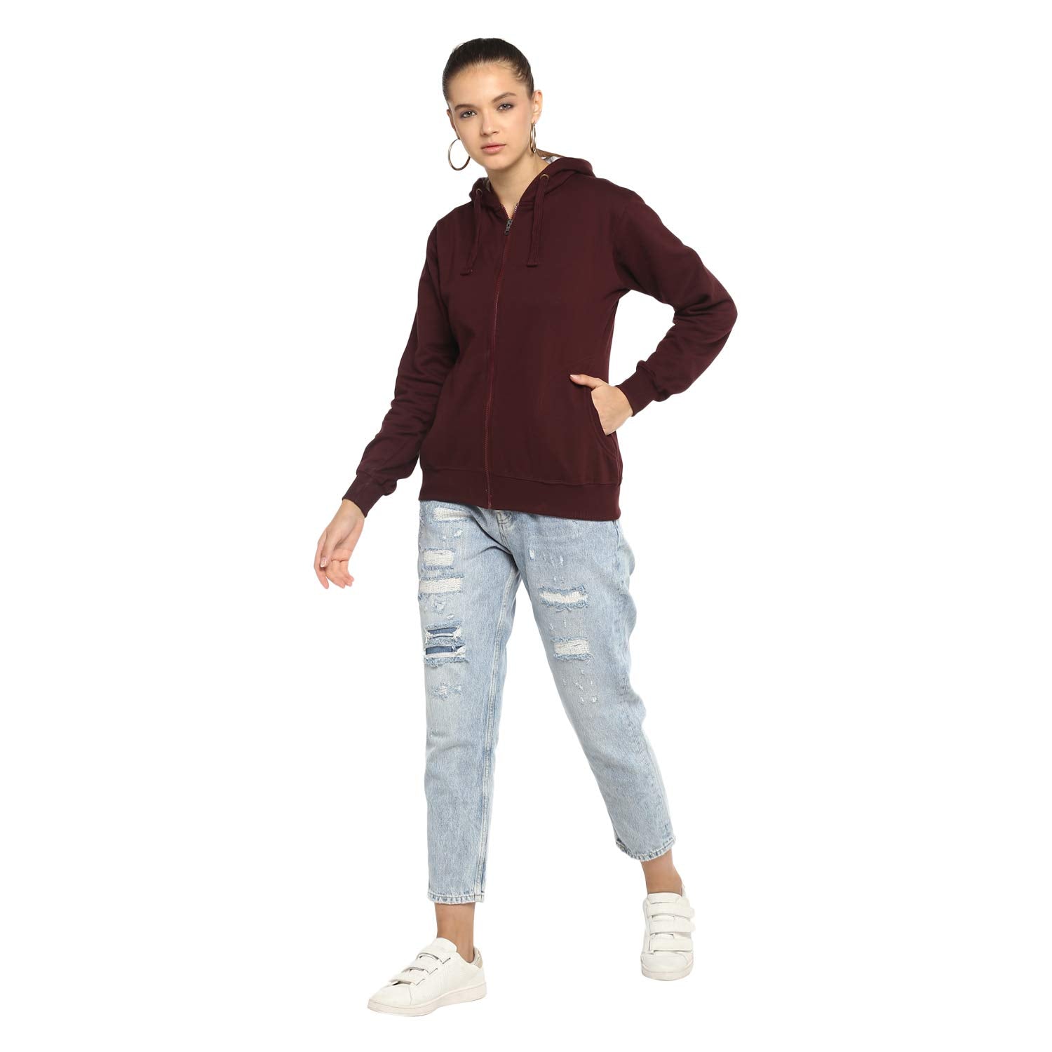 Alan Jones Clothing Women's Solid Zipper Hooded Sweatshirt | Front Zip, Ribbed Hem, Lined Hood, Casual Winter Wear (Wine_M) - GenZlyf