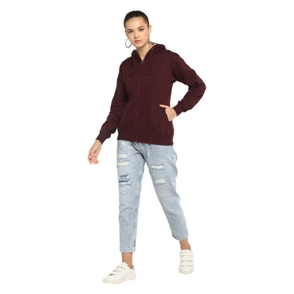 Alan Jones Clothing Women's Solid Zipper Hooded Sweatshirt | Front Zip, Ribbed Hem, Lined Hood, Casual Winter Wear (Wine_M) - GenZlyf