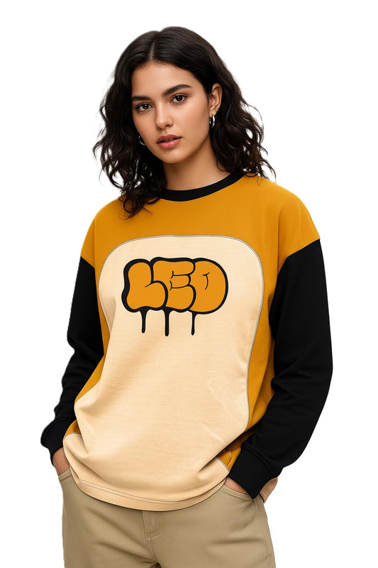 LEOTUDE Womens Full Sleeve Oversized Round Neck Cottonblend Colourblocked T-Shirts Top for Woman (GRL_FS22_Mustard_Leo_P_Mustard_L) - GenZlyf