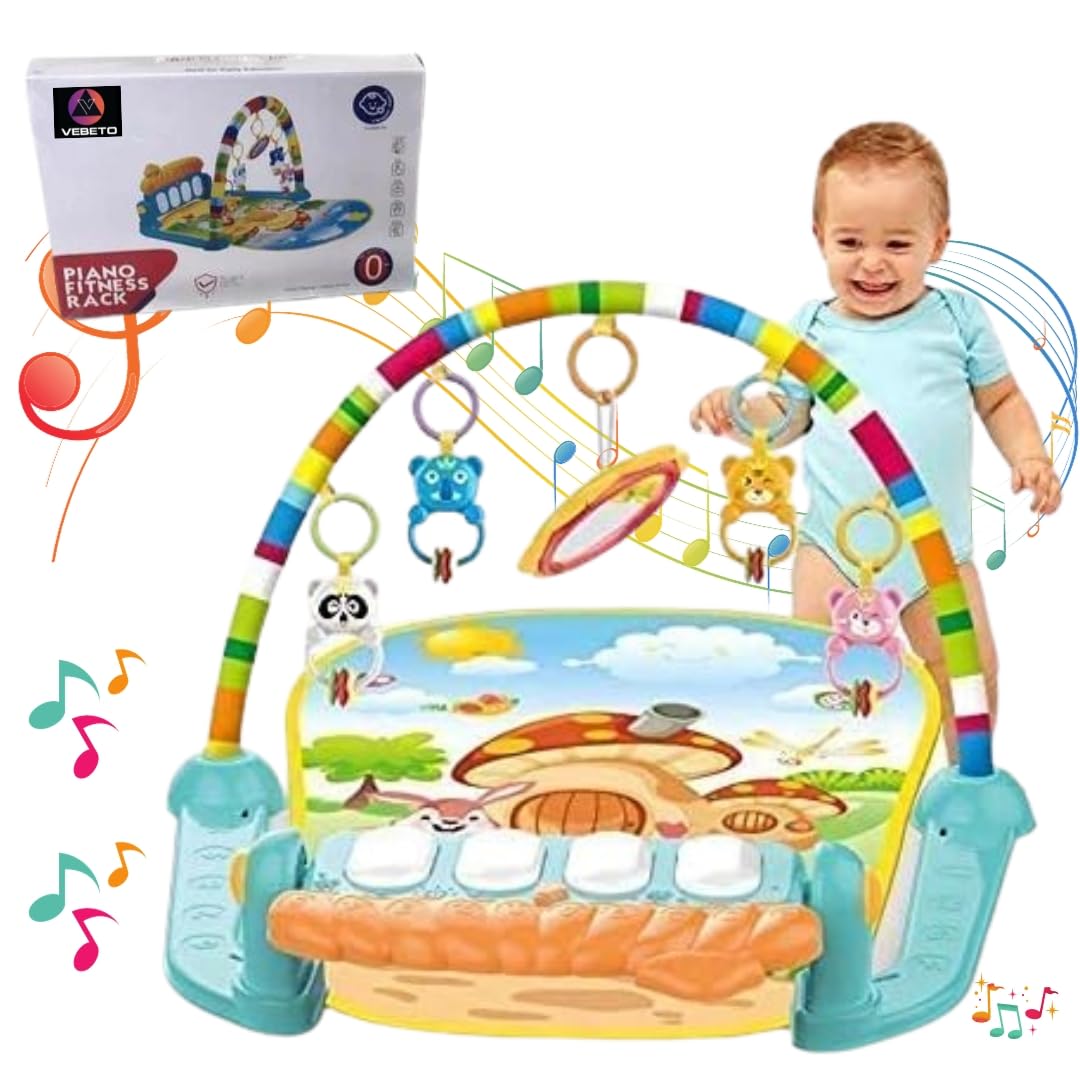 VEBETO Play Gym for Babies 0 to 12 Months (1 Year Warranty) Musical Piano Keyboard Activity Play Mat for Kids Newborn Fitness Rack Hanging Rattles Lights Tunes Music for Baby Boys Girls - GenZlyf