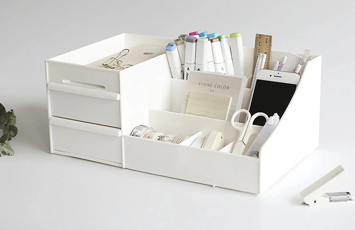 Shuttle Art Office Desk Organizer with Drawer, All in One Office Supplies and Cool Desk Accessories Pen Holder, Enhance Your Decor, Desktop 8-Compartment Laddered Desk Organizer(White) - GenZlyf