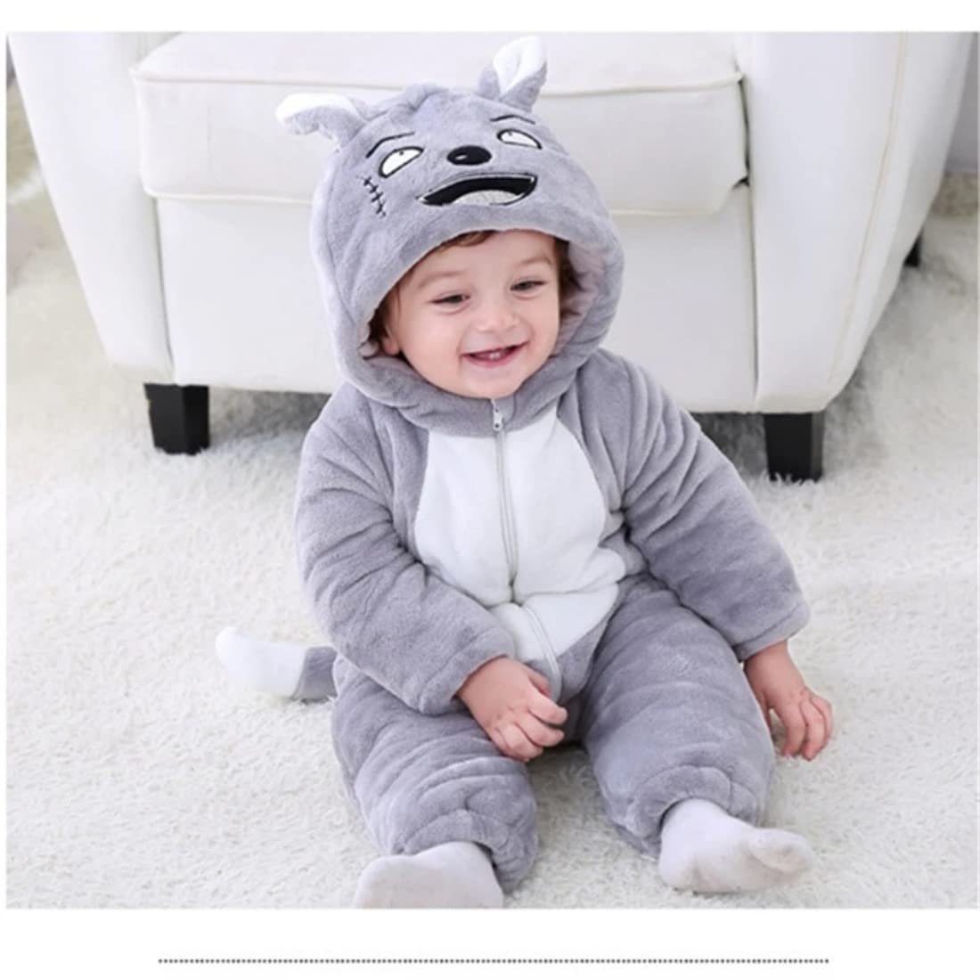 BRANDONN Unisex Baby Flannel Jumpsuit Panda Style Cosplay Clothes Outfits Snowsuit Hooded Romper Outwear (Grey Scars, 12-18 Months) - GenZlyf