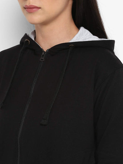 Alan Jones Clothing Women's Solid Zipper Hooded Sweatshirt | Front Zip, Ribbed Hem, Lined Hood, Casual Winter Wear (Black_M) - genzlyf