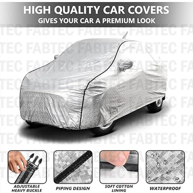 FABTEC Waterproof Car Body Cover for Maruti Baleno with Mirror and Antenna Pocket, Soft Cotton Lining, Triple Stitched (Heat Resistant Metallic Silver with Black Piping) - GenZlyf