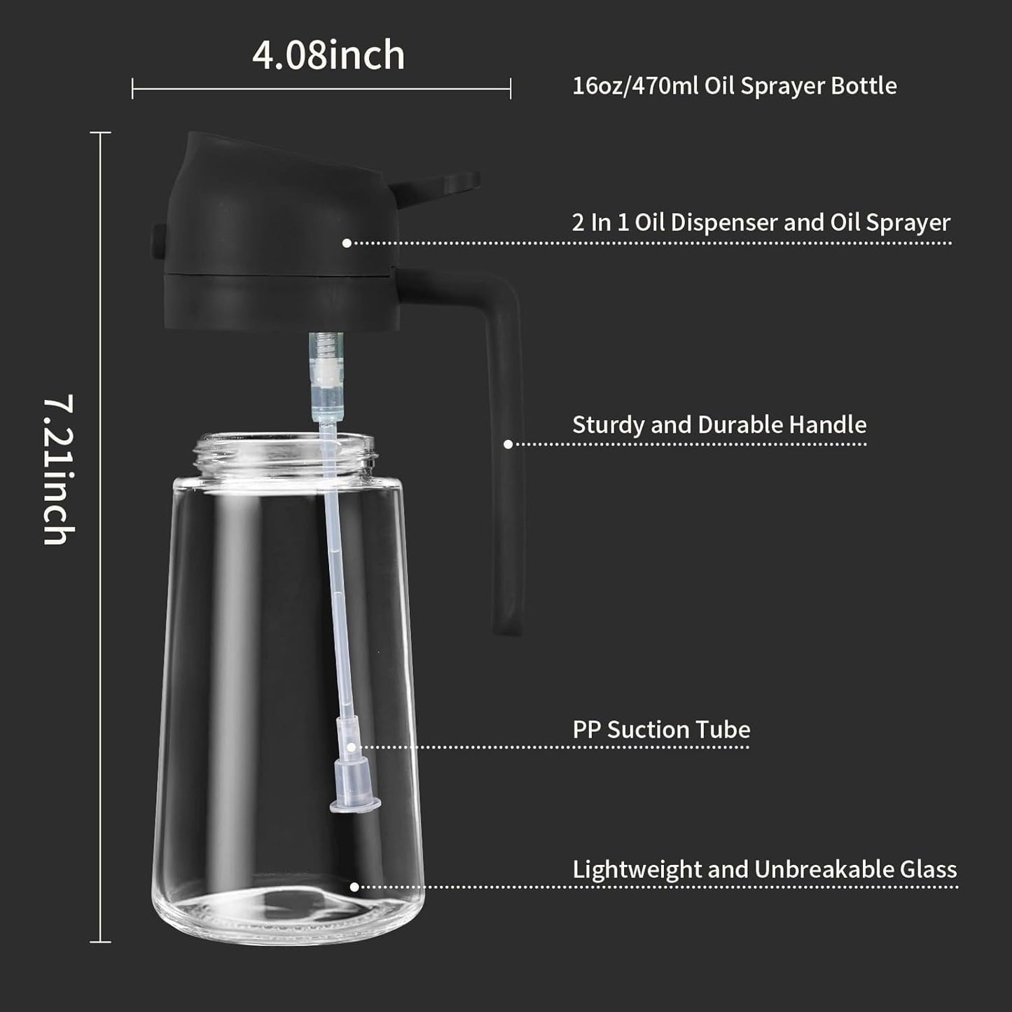 Misamo Enterprise Glass Oil Sprayer and Dispenser Bottle, 500ml Capacity, 2-in-1 Design, Black - GenZlyf