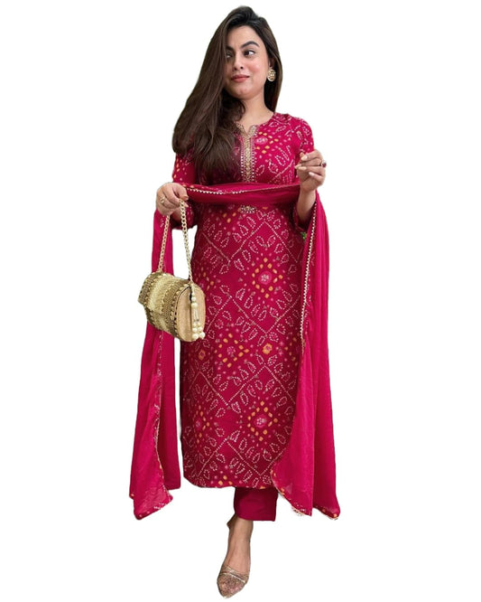 GoSriKi Women's Rayon Blend Straight Printed Kurta with Pant & Dupatta (TURAE Rani-GS_XL_Pink_X-Large)