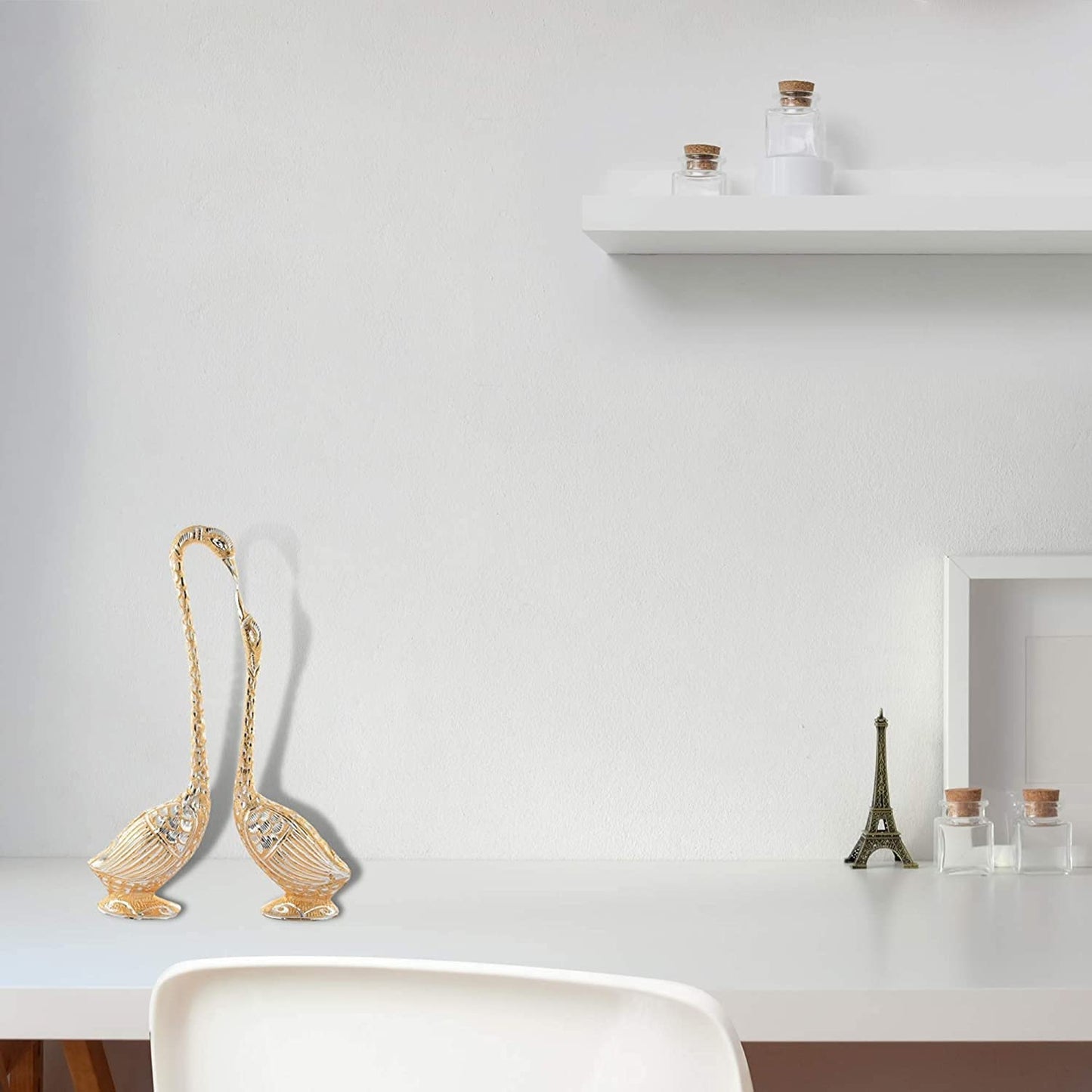 WebelKart Pair of Kissing Duck, Swan Showpiece For Home Decor - 29 cm (Aluminium, Golden )