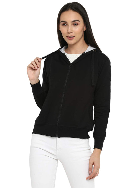 Alan Jones Clothing Women's Solid Zipper Hooded Sweatshirt | Front Zip, Ribbed Hem, Lined Hood, Casual Winter Wear (Black_M) - genzlyf